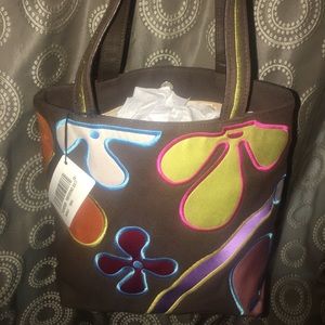 LAMARTHE PARIS Vintage Retro Floral Look Canvas Tote Handbag with Leather Trim